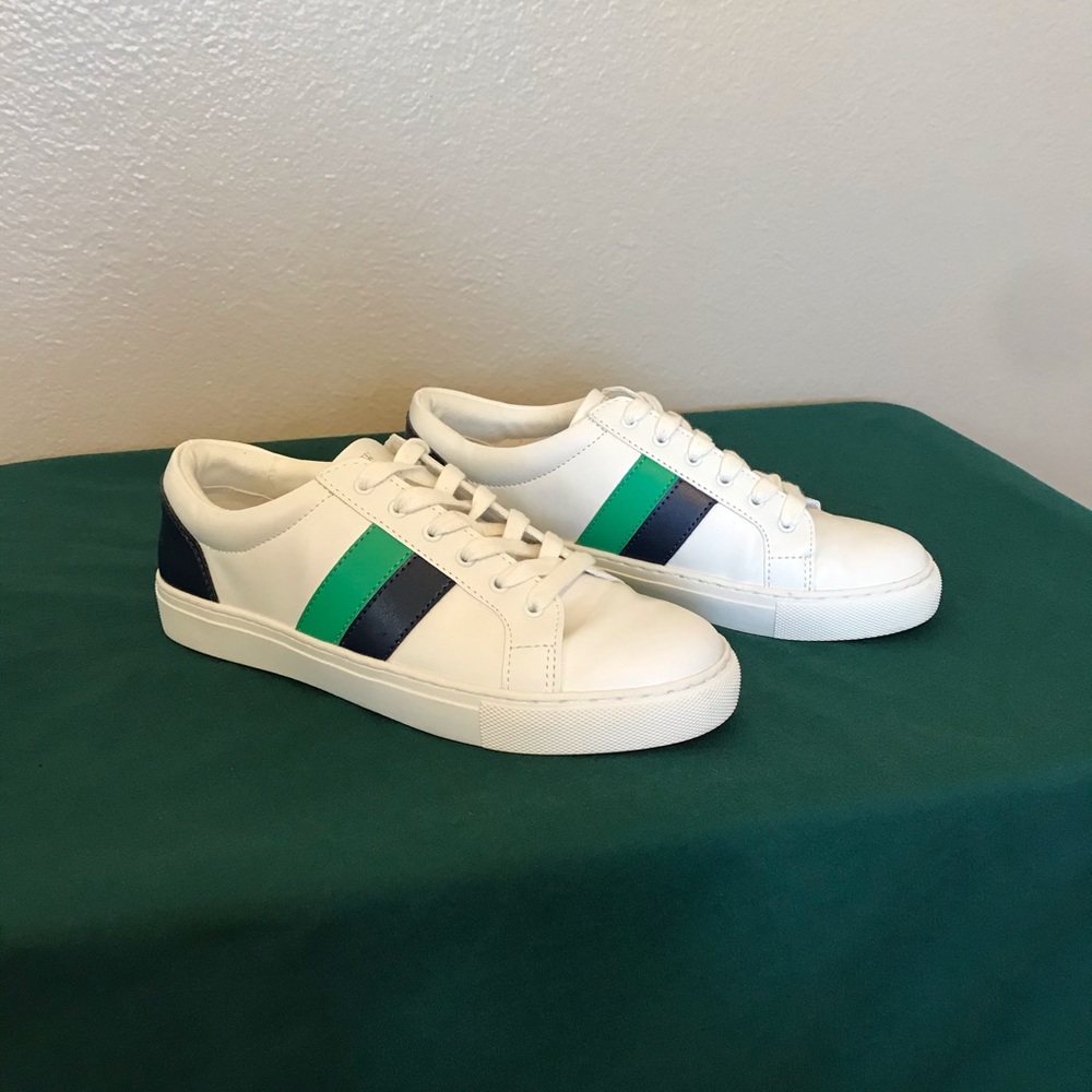 J. Crew Factory White Sneakers with Green and Blue Stripes